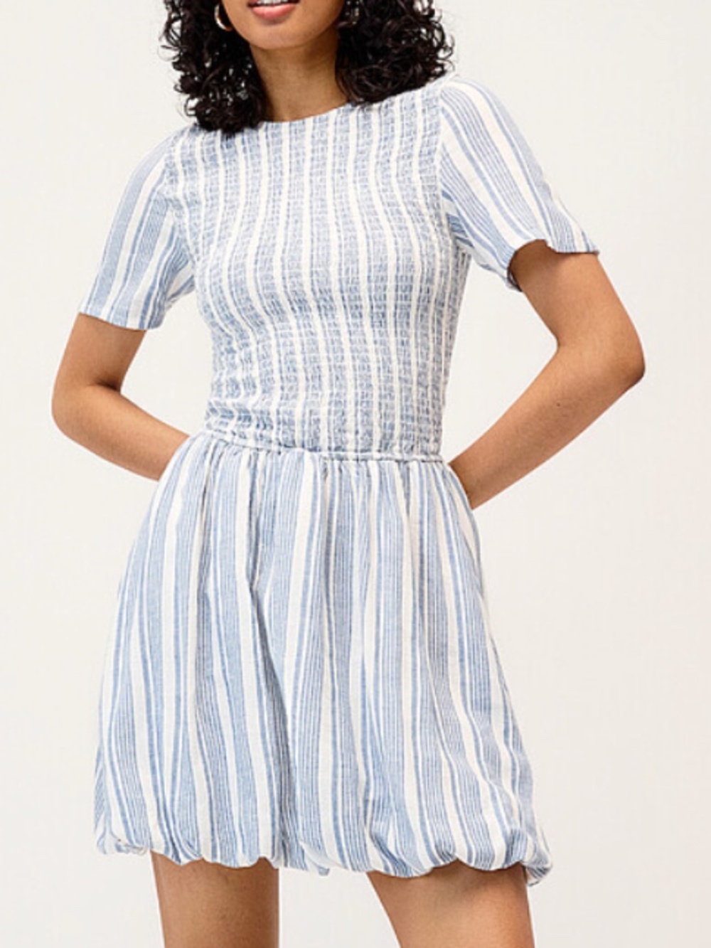 Only white and blue striped linen-blend smocked balloon dress NWT